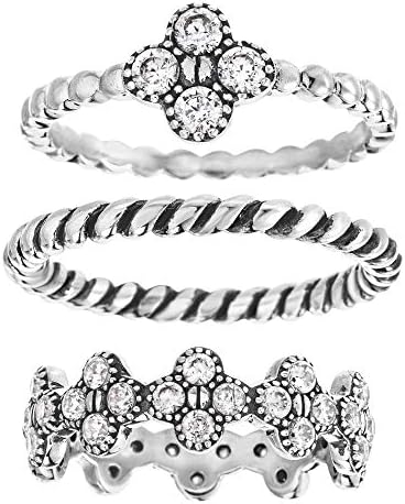 Willowbird Oxidized Sterling Silver Multi-Pack Cubic Zirconia Stackable Eternity Ring for Women Set (Various Styles)