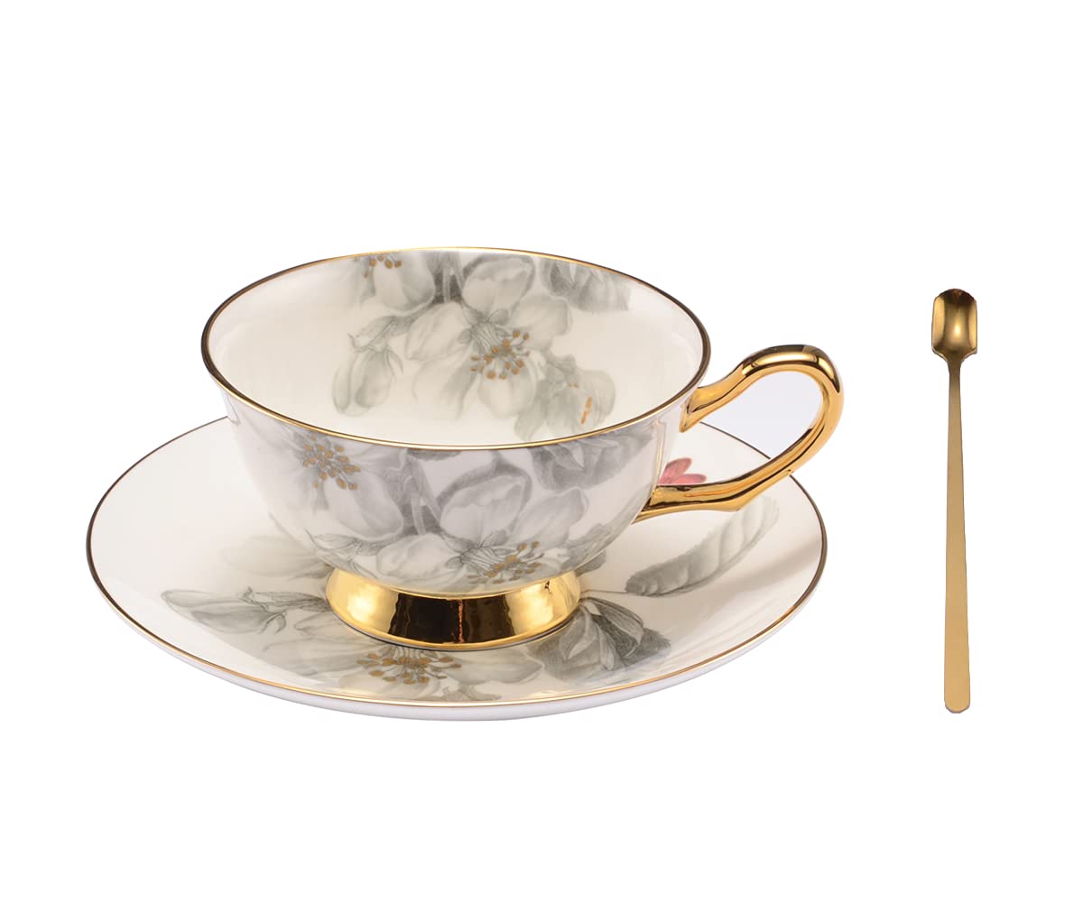 Pfedxoon Bone China Tea Cup Set with Saucer and Spoon (240ml), Cappuccino and Latte Cups, British Porcelain Set, Mother's Day Gift (Gray)
