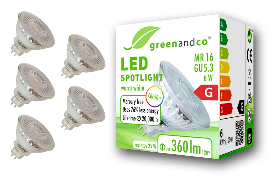 greenandco® CRI 90+ 3000K 110° LED spot Replaces 25 Watt GU5.3 MR16 Halogen Spotlight, 6W 360 Lumen Warm White 12V AC/DC, not dimmable, 5-Pack