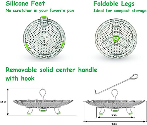 Steamer Basket for Instant Pot 3, 5, 6 & 8 qt.- Extendable Handle, Foldable Legs with Silicone Feet. Food Steamer - Instant Pot Accessories.100% Stainless Steel (SS Ext.Handle -Std) - Thumbnail 3