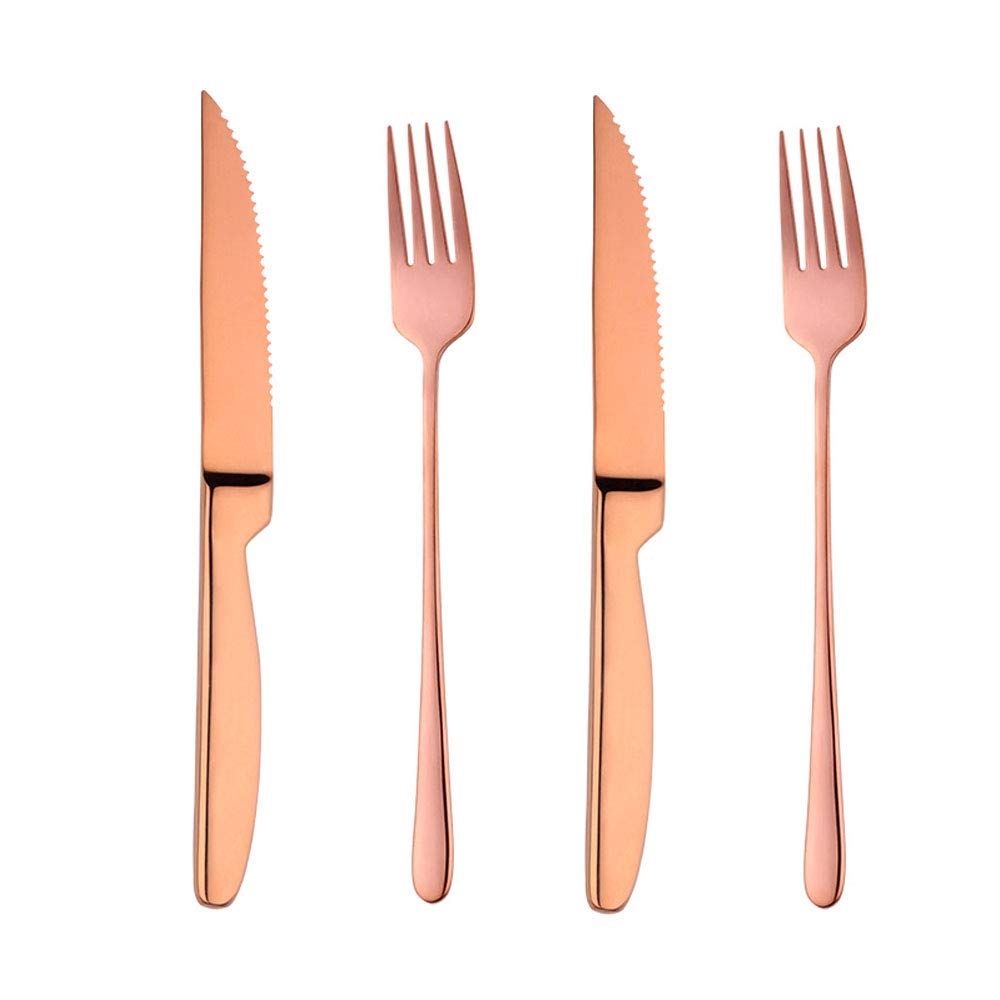 BISDARUN Steak Cutlery Sets Rose Gold Serrated Steak Knives and Forks Set Serves for 2 Stainless Steel Dinner Forks X2 Steak Knives X2, Table Knives and Forks Set Dishwasher Safe