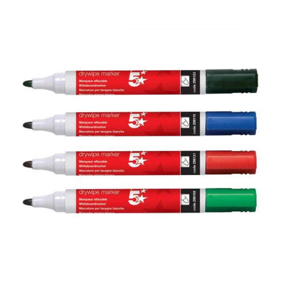 5 Star Office Drywipe Marker Xylene/Toluene-Free Bullet Tip 2mm Line Assorted [Pack 12]