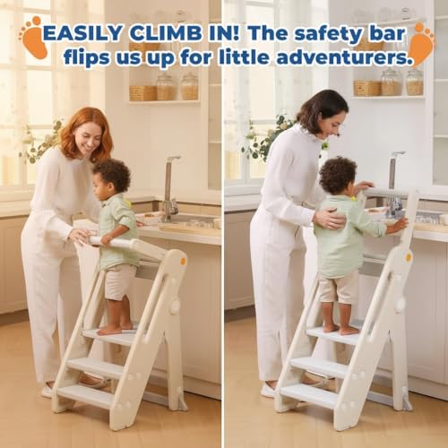 Beauenty Learning Tower, Foldable Children'S Kitchen Step Stool, Adjustable Height Step Ladder Montessori Kids Standing Tower, With Handles, Safty Rail, For Kitchen Counter Bathroom Sink Child Ladder