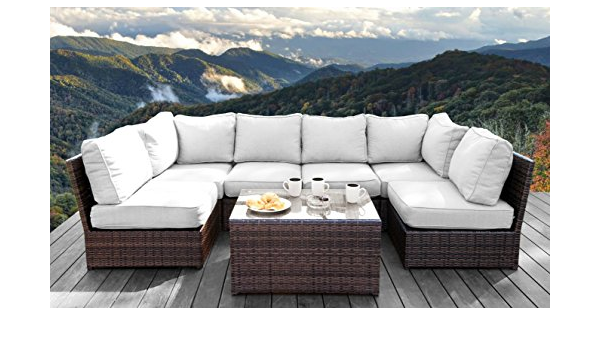 Amazon Com Living Source International Lucca Collection Outdoor Furniture Patio Sofa Couch Garden Backyard Porch Or Pool All Weather Wicker With Thick Cushions 7 Piece Conversation Set Cm 1087 Garden Outdoor