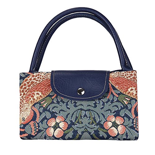 Signare Blue Floral William Morris Strawberry Thief Tapestry Fold-able Reusable Grocery Shopping Bag (FDAW-STBL)
