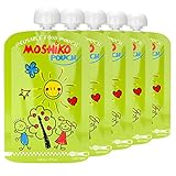 Reusable Food Pouch by Moshiko - Large 6oz. capacity (5-Pack) Perfect for Homemade, Wholesome, and Organic Baby Food - Suitable for Babies,Toddlers and Kids of All Ages - Refillable, Double Zipper, Easy to Clean, Freezable, BPA Free