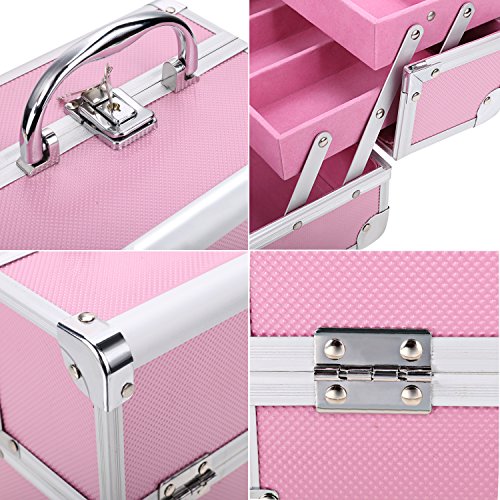 Professional Makeup Train Case - Cosmetic Box with Adjustable Dividers - Aluminum Make Up Artist Organizer Kit With Mirror Jewelry Box - 3 Extendable Trays and 2 Locks (PINK_PINK) - Thumbnail 5