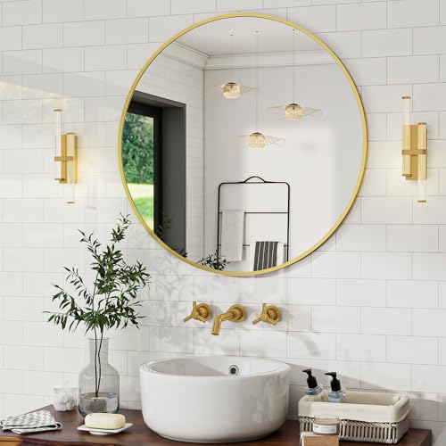 Beautypeak 50 Cm Runder Spiegel In Gold, Bruchsicherer Wandspiegel Mit Aluminiumrahmen, Badezimmer Spiegel Zum Aufhängen Und Anlehnen, Rund Wandspiegel Für Schlafzimmer, Bad, Wohnzimmer