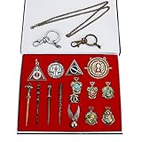 endtry Harry Potter Merchandise Gifts Mini Wand Set and Hogwarts House Badge with Keychain Necklaces Kids Toys