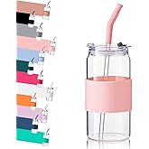 ColoVie Glass Tumbler with 3 IN 1 Lids and Glass Straws(Extra Silicone Tips), Silicone Protective Sleeve, Iced Coffee Cup, Travel Water Bottle, Soda Beer Glass Cups, Hot Tea-Pink 20oz 1pc