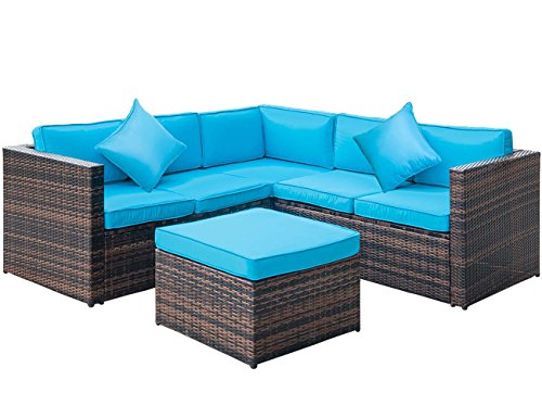 Leisure Zone 4 PCS Outdoor Cushioned PE Rattan Wicker Sectional Sofa Set Garden Patio Furniture Set (Blue Cushion)