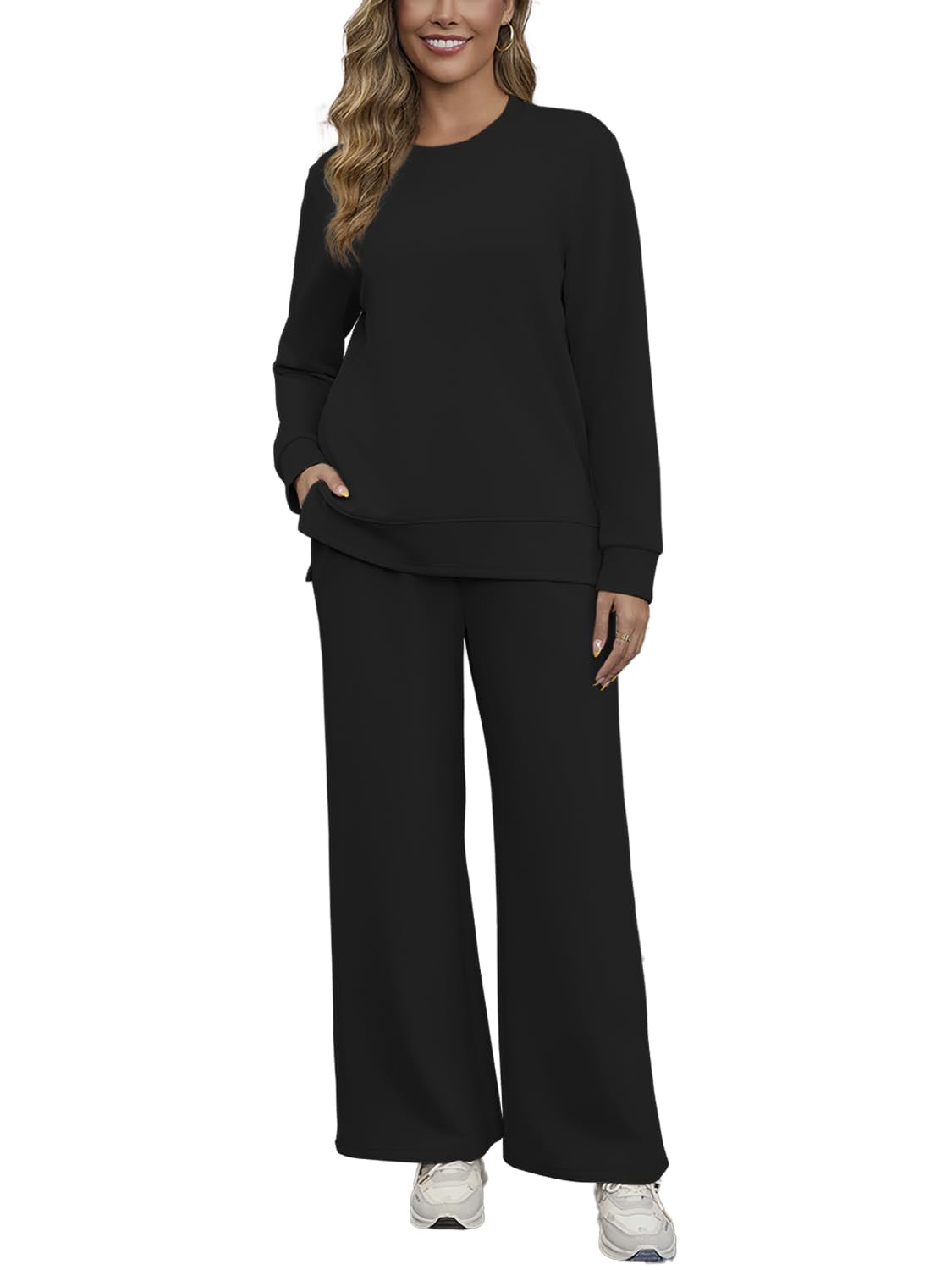 Photo 1 of *** ONLY PANTS***    ZFLM Women Casual Two Piece Sweatshirt Outfit Lounge Set Long Sleeve Side Slit Tops Wide Leg Jogger Pants Streetwear