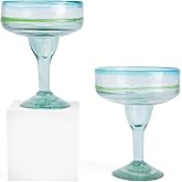 Mexican Glassware, Aqua Rims 16oz Margarita Glasses, Set of 2 Unique Hand Blown Glass, Handcrafted by Talented Artisans Thick & Sturdy Easy to hold