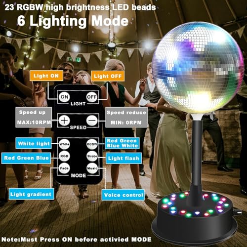 Silver Mirror Disco Ball Light, 6-Inch Mirror Ball with 23 RGBW LEDs, 360° Rotating Motor (5–10 RPM), Remote & Voice Control, Hanging Hook Included, Party Decor for Wedding, Birthday, Stage, Club