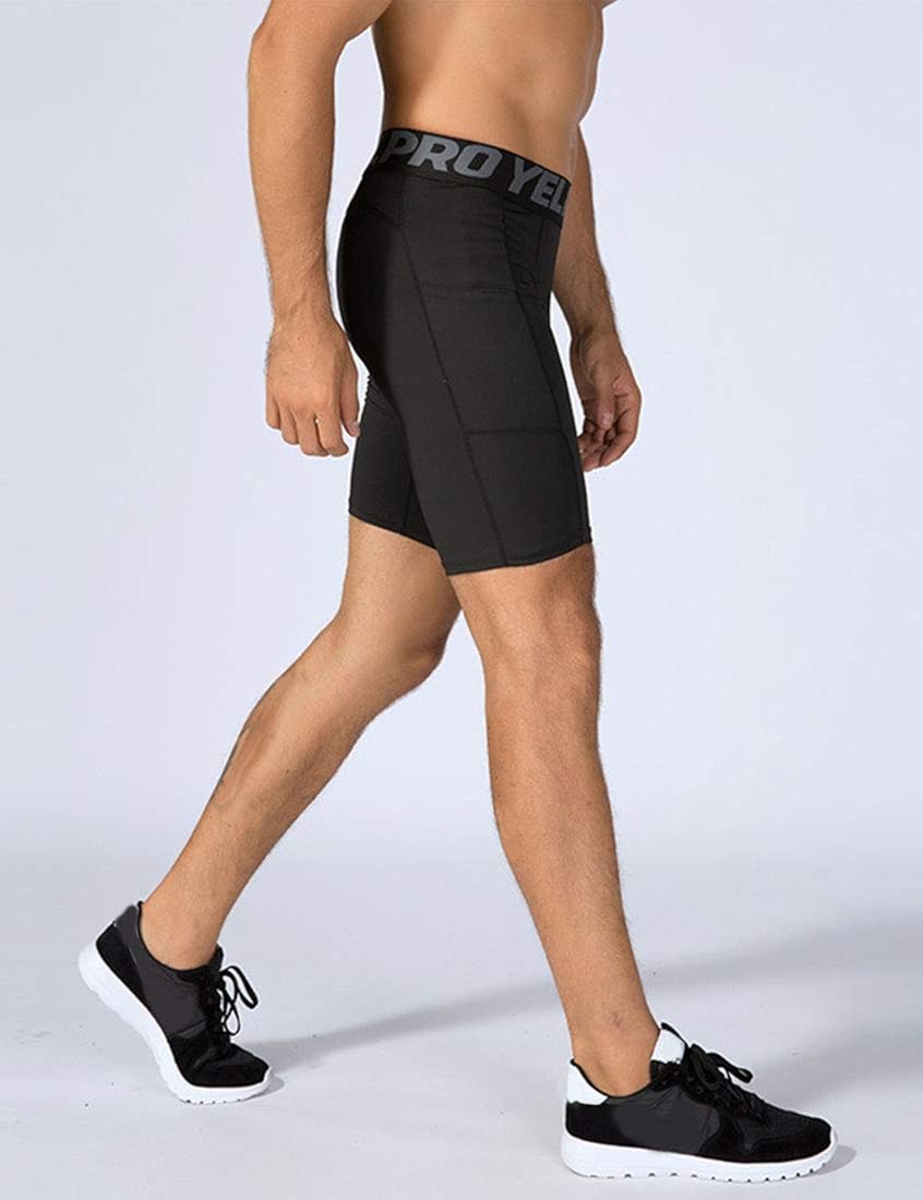 Mens Running Compression Shorts with Pocket Workout Cool Dry Underwear 3 Pack: Clothing