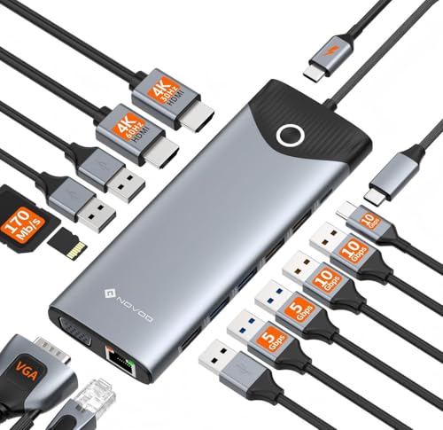 NOVOO 10Gbps Dockingstation Laptop Triple Display, 15 in 1 Docking Station USB C Hub Adapter mit Zwei 4K@60Hz HDMI,VGA,Gigabit Ethernet,100W PD, 7 USB-A+1C Date