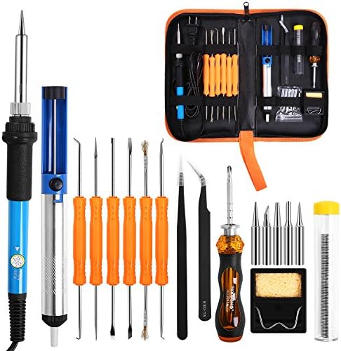 Soldering Iron Kit Electronics, Koeosn 19 in 1 Adjustable Temperature Soldering Iron,5pcs Tips,2pcs Tweezers,Tin Wire Tube,Stand and 6pcs Aid Tools in PU Carry Bag