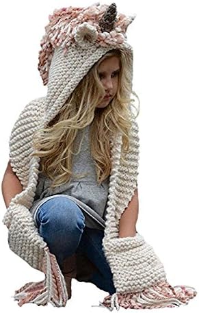 WHZZ Kids Crochet Cartoon Unicorn Winter Hat With Scarf Pocket Hooded Knitting Beanie Cosplay Photography