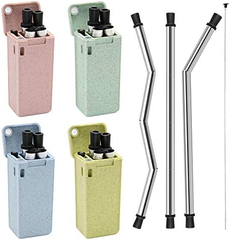 Collapsible Reusable Stainless Steel Straw and Reusable Food-Grade Drinking Silicone Straws with Hard Case and Cleaning Brush,Suitable for Travel, Household,Outdoor 4 pack (New style)