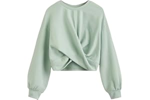 COZYEASE Girls' Twist Front Drop Shoulder Pullover Solid Crew Neck Cropped Sweatshirts