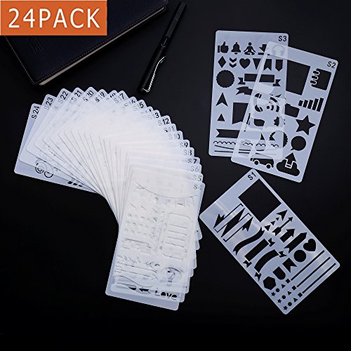 Bullet Journal Stencil, 24 Pieces Journal Stencils Set for Journal/Notebook/Diary/Scrapbook/Various DIY Drawing Book Plastic Planner Stencils