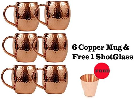Rudra Handicraft ® Handmade Pure Copper Hammered Moscow Mule Mug,Set of 6 Mugs - Capacity 16.90 oz / 500 ML ( Free Copper Shotglass Measuring Cup )