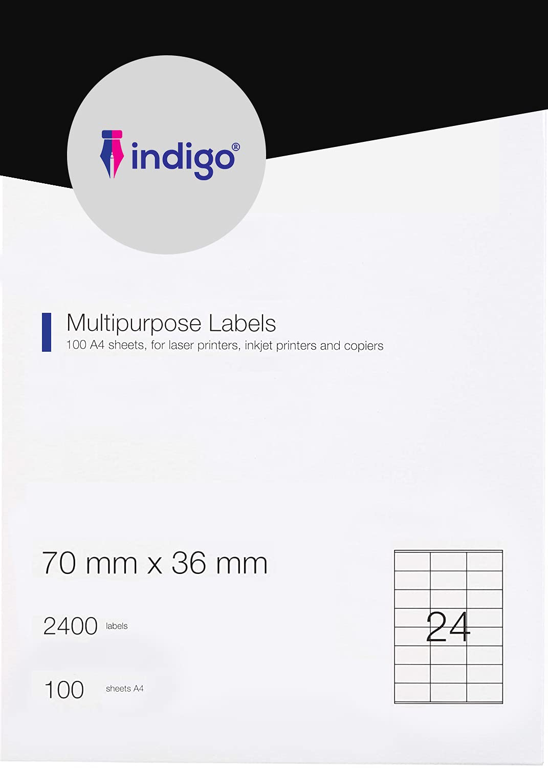 indigo® Multipurpose White A4 Labels - 100 Sheets per Box - Inkjet, Laser, and Copier (24 Label Per Sheet (63.5 x 33.9mm))