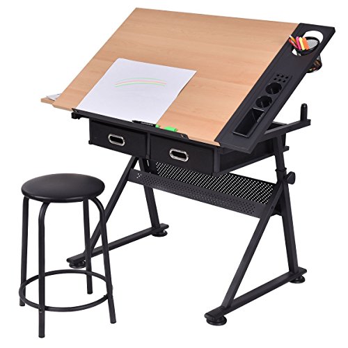 Apontus Adjustable Drafting Table Art Craft Drawing Desk Art Hobby w/Stool and Drawers