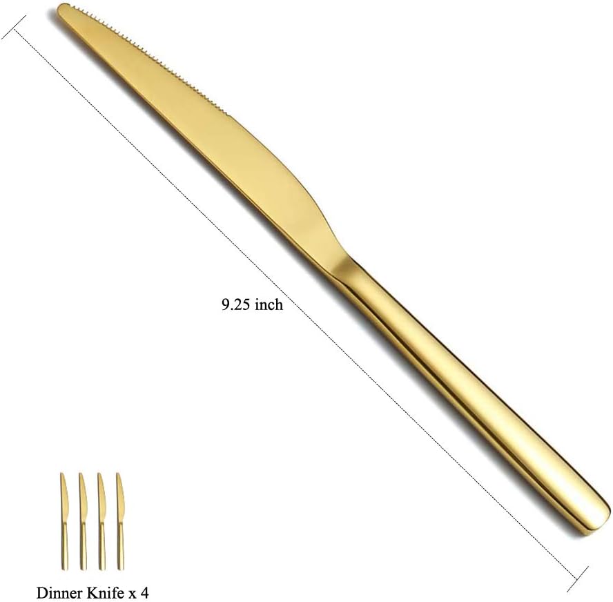  | Gold Dinner Knives 4 Pieces, Homquen Sturdy 9.25" Stainless Steel Modern Design Knife, Knifes Set With Round Edge Dishwasher Safe: Flatware Sets