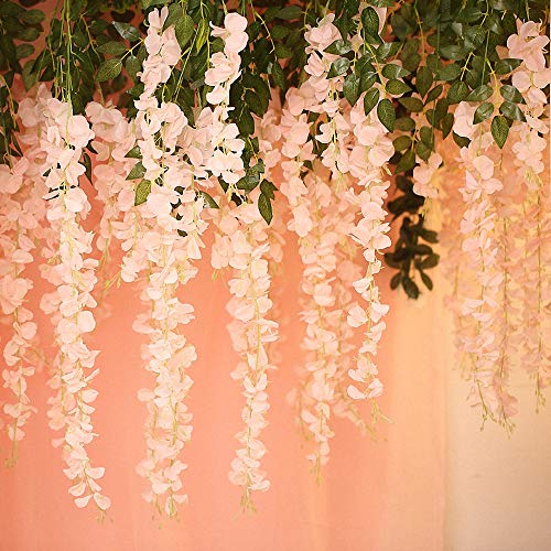 12pcs Artificial Wisteria Flowers 3.6 Feet/Piece Light PinkDense Artificial Fake Wisteria Vine Ratta Hanging Garland Silk Flowers String Home Party Wedding Decor（Pink-Dense）