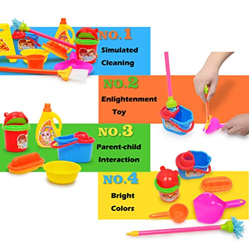 Transer- Kids Pretend Cleaning Set Housekeeping Accessories for Toddler Kids Boys Girls - Included Water Bucket, Broom, Mop, Dustpan, Wet Floor Sign, Sponge, Trash Can Etc. (Multicolor)