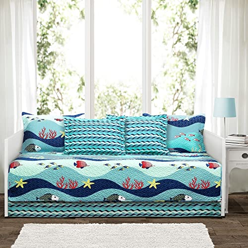 Lush Decor, Meeresmotive mit Streifen, 6-teiliges Tagesbett-Set – inklusive Bettrock, Kissenezügen und Hüllen (ca. 190 x 99 cm), blau