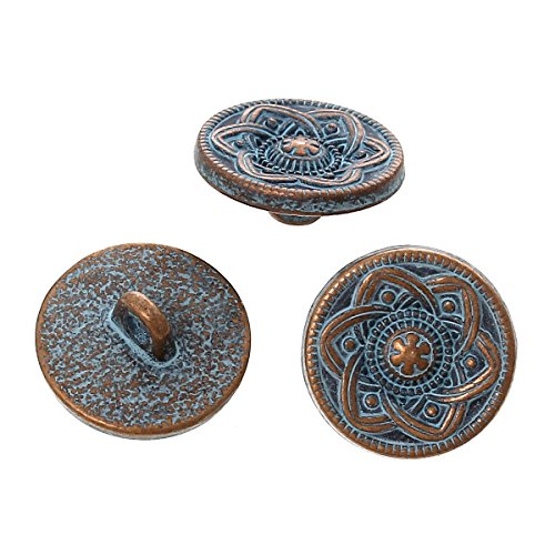 PEPPERLONELY Brand 10PC Metal Shank Button Round Antique Copper Spray Painted Blue Single Hole Flower Pattern 15.0mm( 5/8)