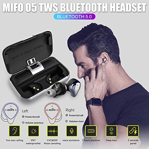 Mifo O5 Bluetooth 5.0 Earphones IPX7 Waterproof Sports Headphones with 2600mAH Portable Charging Case Headset Earbuds Hi-Fi Sound Wireless