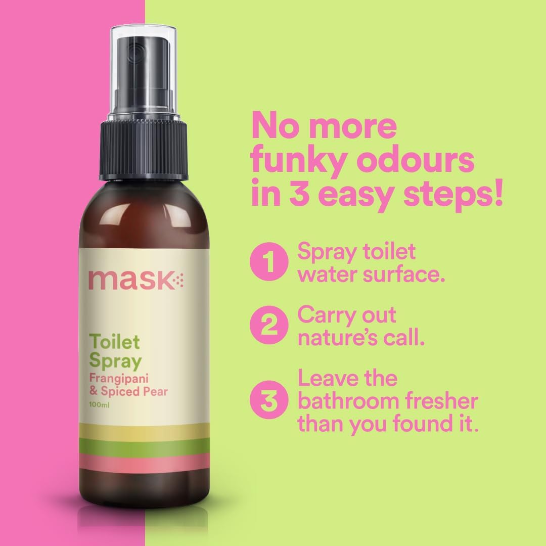 Mask Toilet Spray - Travel Size Bathroom Spray, Pack of 3, Odor Neutralizer Spray, Poop Spray Odor Eliminator, Bathroom Air Freshener, Bathroom Deodorizer - Frangipani & Spiced Pear Scent, 10.2 Fl Oz