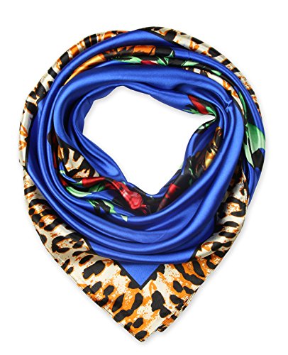 corciova Ladies Pretty Satin Neckerchief Square Scarf headband 35 x 35 inches Flowers Leopard Blue