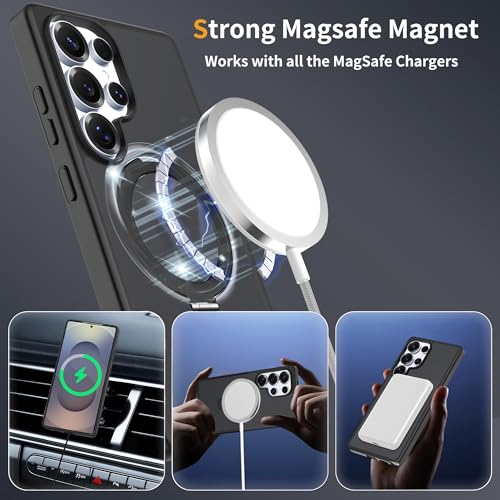 Case for Samsung Galaxy S25 Ultra with Magnetic Stand, Magsafe Case with Rotating Ring, Wireless Charging with Invisible Ring Stand Case Samsung S25 Ultra Protection -Black
