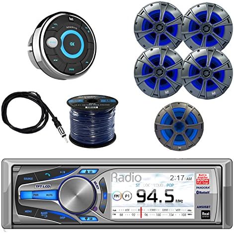 Dual Mechless AM/FM, MP3 USB Bluetooth Receiver with Dual Speakers 2-Pairs, Dual Subwoofer Speaker, Dual Marine Wired Remote Control, Enrock 50 Foot 16 Gauge Speaker Wire &amp; Enrock Marine Antenna