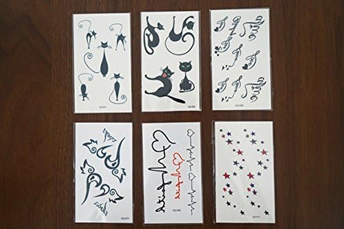 (6 Sheets) SYZ Beauty Fashion Body Art Stickers Removable Waterproof Temporary Tattoo -7+ Patterns - Type: cats,words,wings,hearts,stars,eletrocardiogram