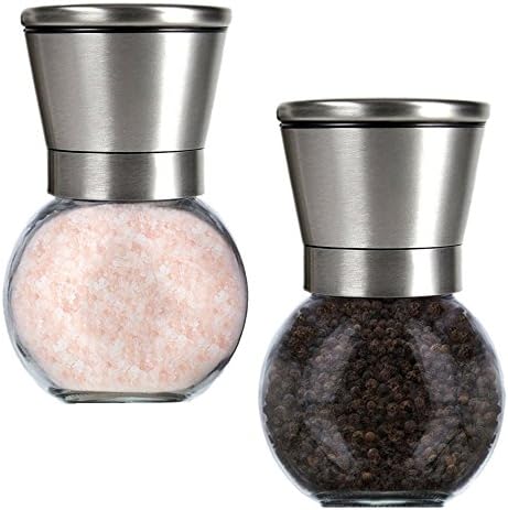 EIALA Stainless Steel Salt and Pepper Grinder Mill Set - Adjustable Coarseness Fine Powder and Stunning Glass Body - Brushed Stainless Steel Salt and Pepper Mills (2 X Round Bottles)