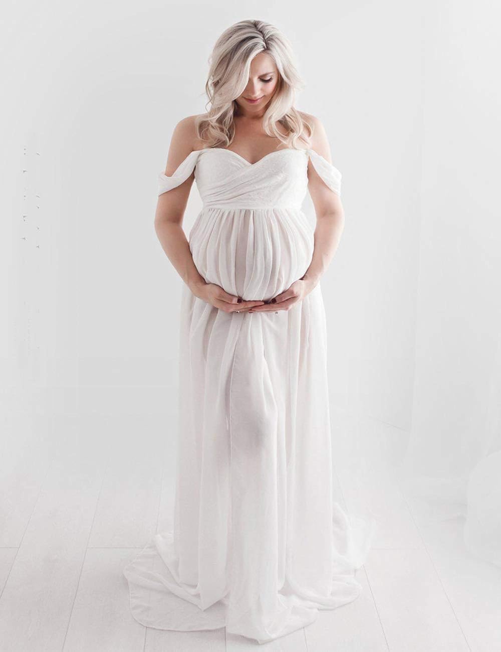 JustVH Maternity Dress for Photography Off Shoulder Chiffon Gown Split Front Maxi Pregnancy Dresses for Photoshoot at  Women’s Clothing store