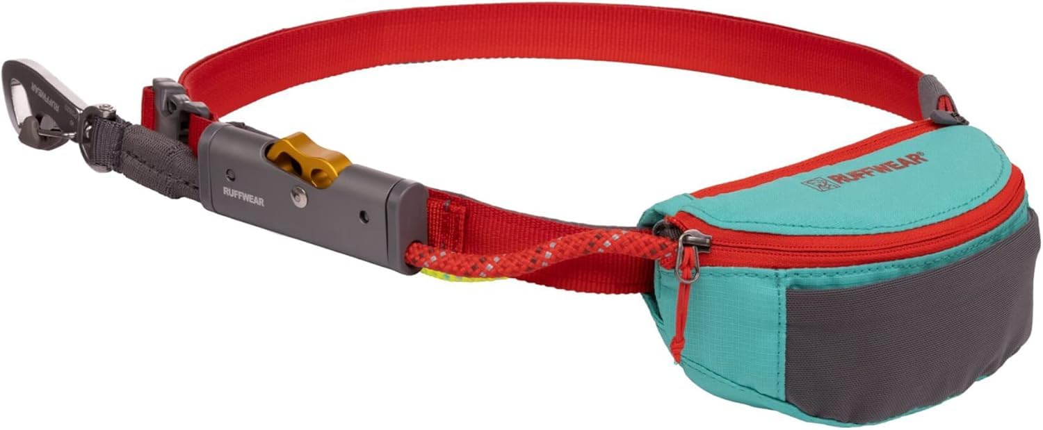 RUFFWEAR Hitch Hiker Dog Leash, Stowable Portable Strap Lead, Adjustable Hands-Free Waist Worn or Hand Held Long Tether, with Pouch Bag, Camping Hitch-lock & Crux Clip Brake, Aurora Teal (One Size)