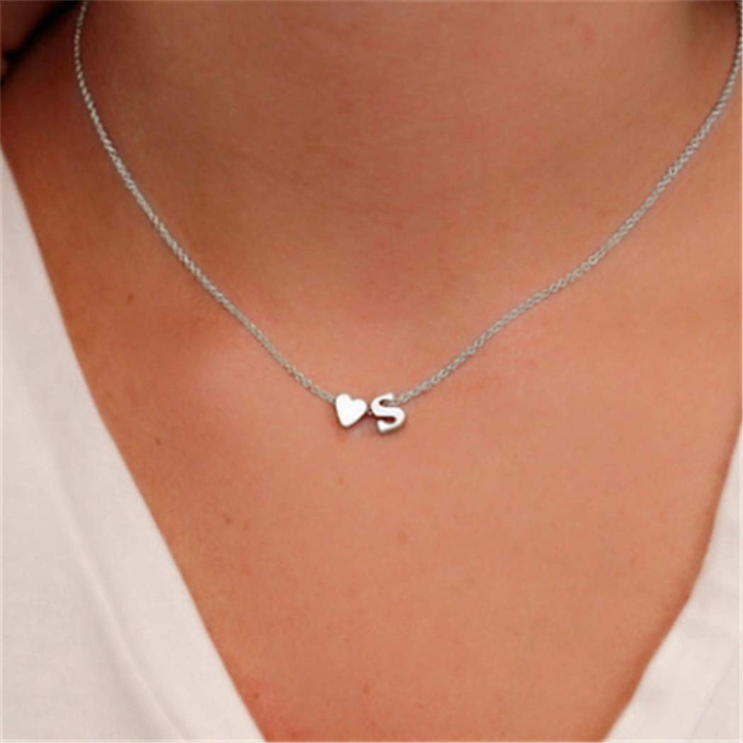 Yienate Fashion Necklace Peach Heart Shaped Letter S Pendant Jewelry For Woman and Girls (Silver)