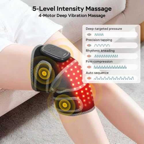 GINEKOO Red Light Therapy Knee Massager Brace – 660nm & 850nm Near-Infrared Light Devices, 4-Motor Deep Vibration Massage with Heating & Red Light Pulse Mode, 5000mAh Cordless Knee Pain Relief for Home & Office