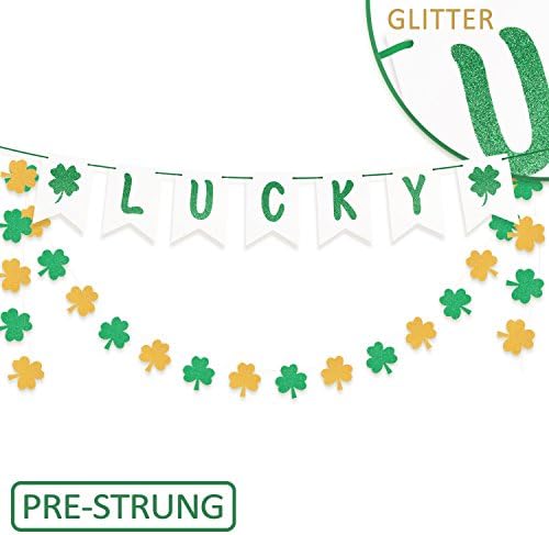 St. Patrick's Day Decoration and Supplies-Glitter LUCKY Four Leaf Clover Banner and Shamrock Garland Hanging Bunting,St Patrick Party Ornament for Home,Mantel Décor,Photo Prop Backdrop March Sign