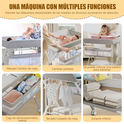 Cambiador para Bebe, Gris Multifuncional con Altura Ajustable, Mueble Cambiador para Bebe, Plegable con Ruedas, Cómoda Cambiador para Bebe, 3 Alturas Ajustables, con Barra Secar Ropa, Canasta Almacenamiento, Ruedas silenciosas universales