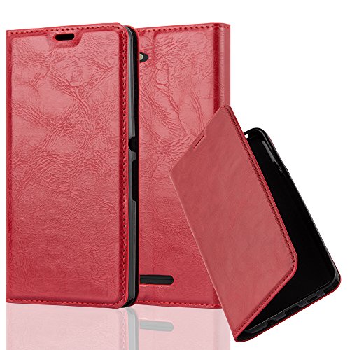 Cadorabo Case works with Sony Xperia E3 Book Case in APPLE RED (Design INVISIBLE CLOSURE) â€“ with Magnetic Closure, Stand Function and Card Slot â€“ Wallet Case Etui Cover PU Leather