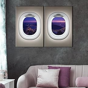 2 Panel Canvas Wall Art - White Plane Window Watching The City Skyline - Giclee Print Gallery Wrap Modern Home Art Ready to Hang - 16"x24" x 2 Panels