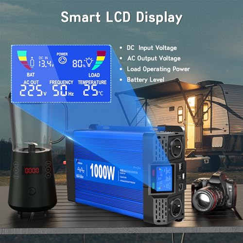 ETREPOW 1000 W/2000 W Inverter 12 V 220 V Pure Wave with Remote Control, 2 EU Sockets, 2 USB + Type-C Ports, for Household Appliances, Caravans, Camping Voltage Converter.