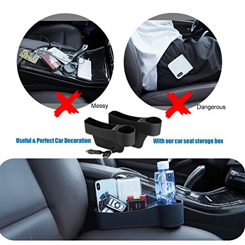 HONGNAL Car Seat Gap Organizer, 2 Pack USB Storage Box, Console Side Pocket Storage Box, Console Side Pocket Storage Couple with USB Charging Ports,Cup Holder for Cellphones Wallet Coin Key